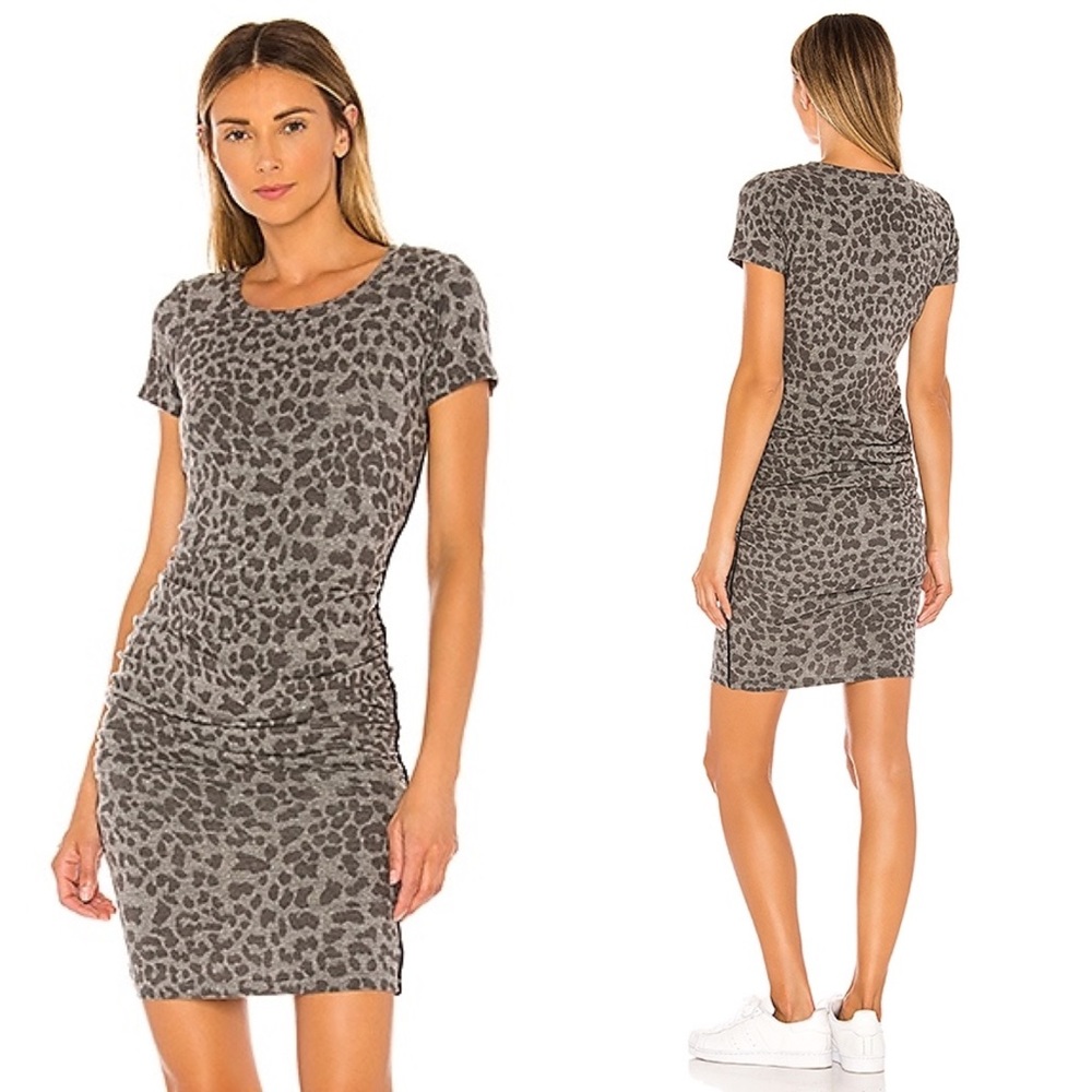 EUC SUNDRY Leopard Print Ruched Dress in Charcoal